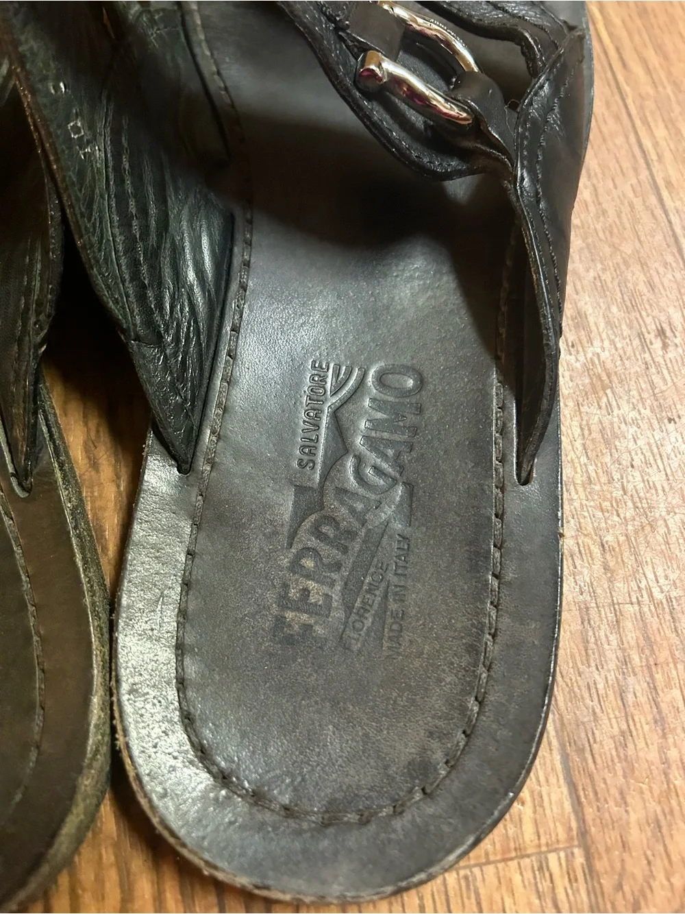 Ferragamo Black Leather Buckle Slide Sandals